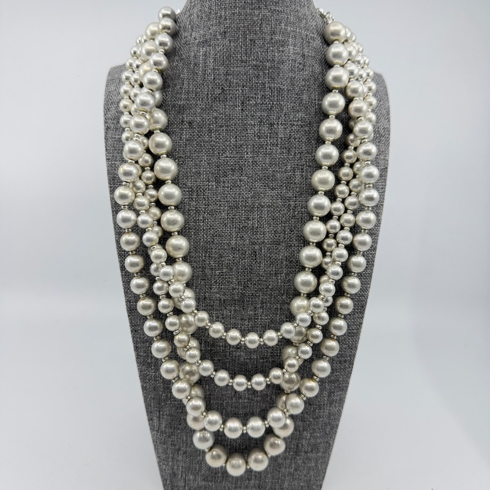 Silver Tone Multi Strand Bead Necklace Chunky Layered Boho Statement Jewelry